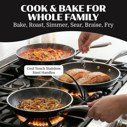 Granitestone 3 Pc Nonstick Frying Pan Set, 8" 10" 12" Frying Pans, Easy Clean Ceramic Frying Pan, Egg Omelet Pan Set, Oven & Dishwasher Safe Skillet, Black