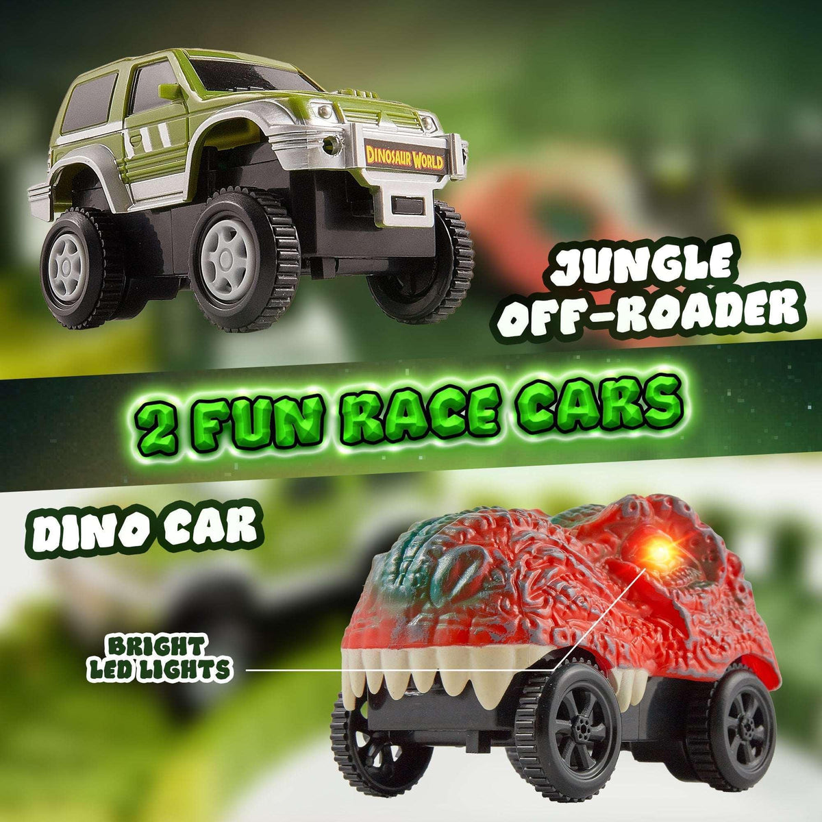 USA Toyz Dinosaur Dash Track 6 Dinosaurs LED Dino Car STEM Set Toy 225 Piece Tracks for Kids Ages 3+