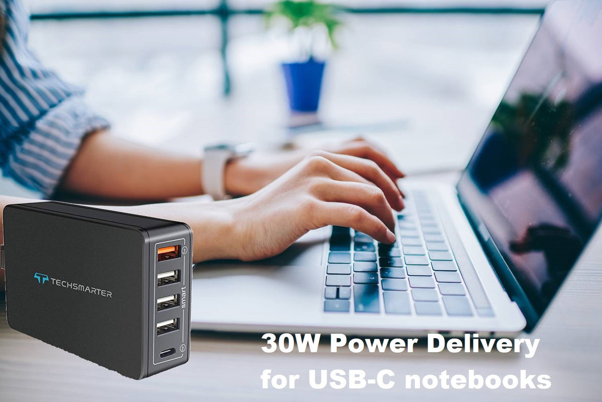 Techsmarter 63W 5-Port USB C PD Desktop Wall Charger, Multi Port Charging Station. For MacBook Air, iPad Air/Pro, iPhone, Samsung Galaxy, Motorola, LG & Android