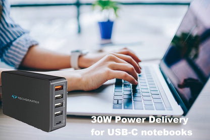 Techsmarter 63W 5-Port USB C PD Desktop Wall Charger, Multi Port Charging Station. For MacBook Air, iPad Air/Pro, iPhone, Samsung Galaxy, Motorola, LG & Android