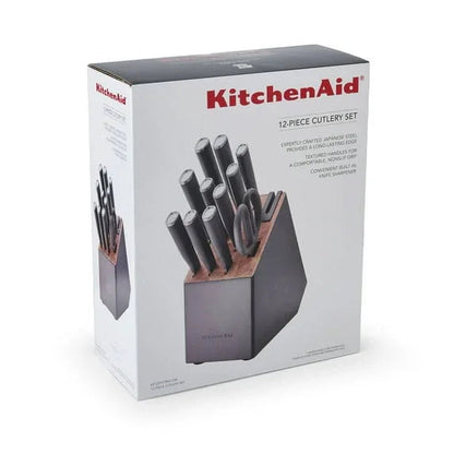 KitchenAid Classic 12-Piece Japanese Steel Knife Block Set with Built-in Knife Sharpener, Charcoal Gray