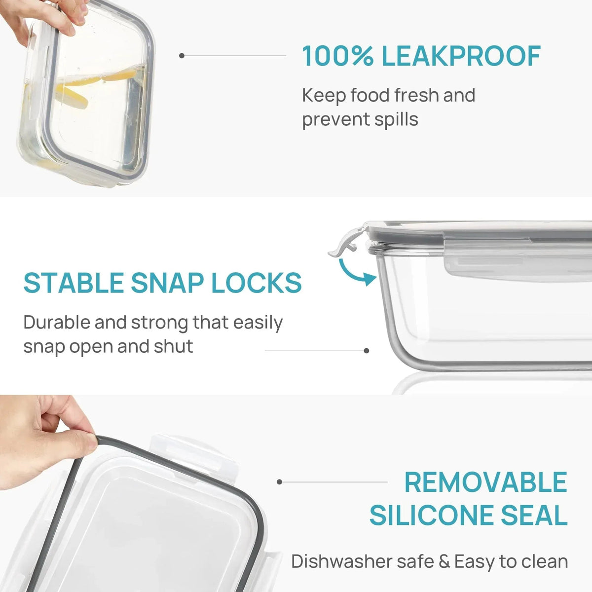 2Pack 1860ml/ 63oz Large Glass Storage Containers with Lids, Meal Prep Food Container Set with Snap Airtight Lid for Baking, Microwave, Oven, Leak Proof, for Freezer, Dishwasher, Grey