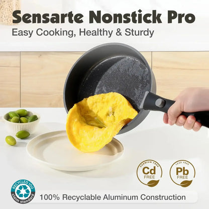SENSARTE Ceramic Nonstick Pots and Pans Set with Detachable Handle, 18Pcs Induction Kitchen Cookware Sets Stackable, Dishwasher/Oven Safe(Navy Blue)