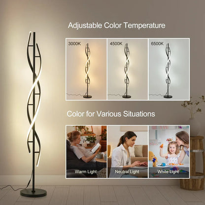 LED Spiral Floor Lamp 60 Inch Modern Floor Lamps Dimmable Black Standing Lamp 34W Contemporary Floor Lamps for Living Room Bedroom Kitchen Office
