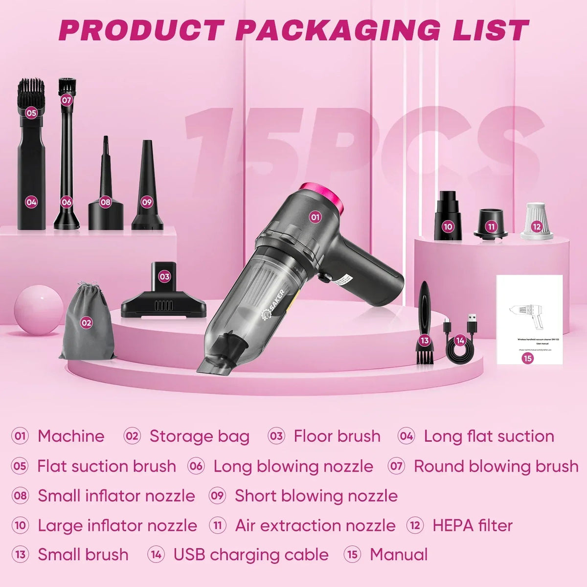 Saker 3-in-1 Car Vacuum Cleaner with 16000PA Powerful Suction, Cordless Handheld Vacuum Cleaner with Multi-Nozzles for Car, Home, Office, Pet