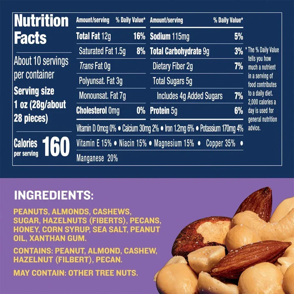 Honey Roasted Mixed Nuts, Party Snacks, Plant-Based Protein, 10 Oz Canister