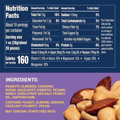 Honey Roasted Mixed Nuts, Party Snacks, Plant-Based Protein, 10 Oz Canister