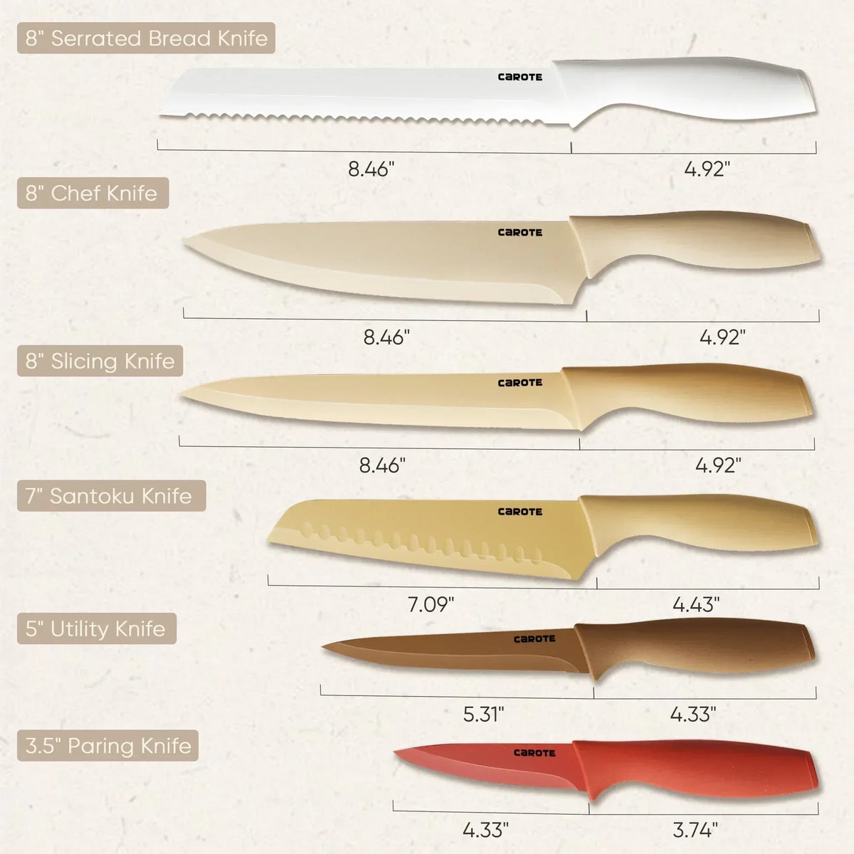 Carote 12 Pcs Kitchen Knife Set, Stainless Steel Knife Set with Nonstick Creamic Coating, Taupe