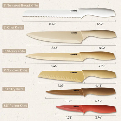 Carote 12 Pcs Kitchen Knife Set, Stainless Steel Knife Set with Nonstick Creamic Coating, Taupe