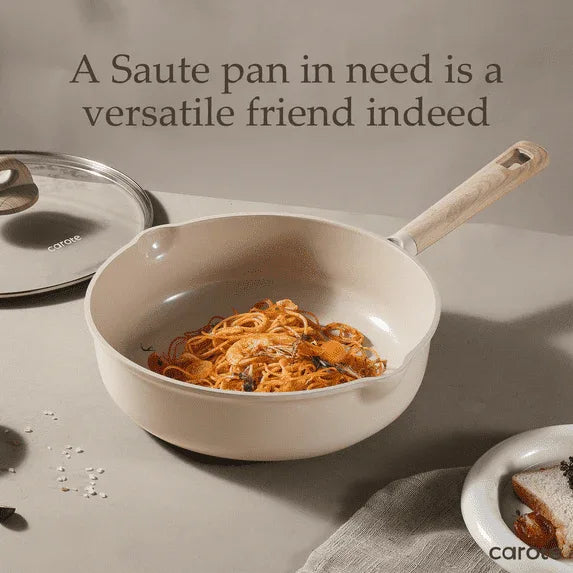 Carote Healthy Ceramic NonStick Jumbo Cooker with Induction 11" Non-Toxic Saute Pan With Lid Cover, Bon Appetit, Taupe, 5QT