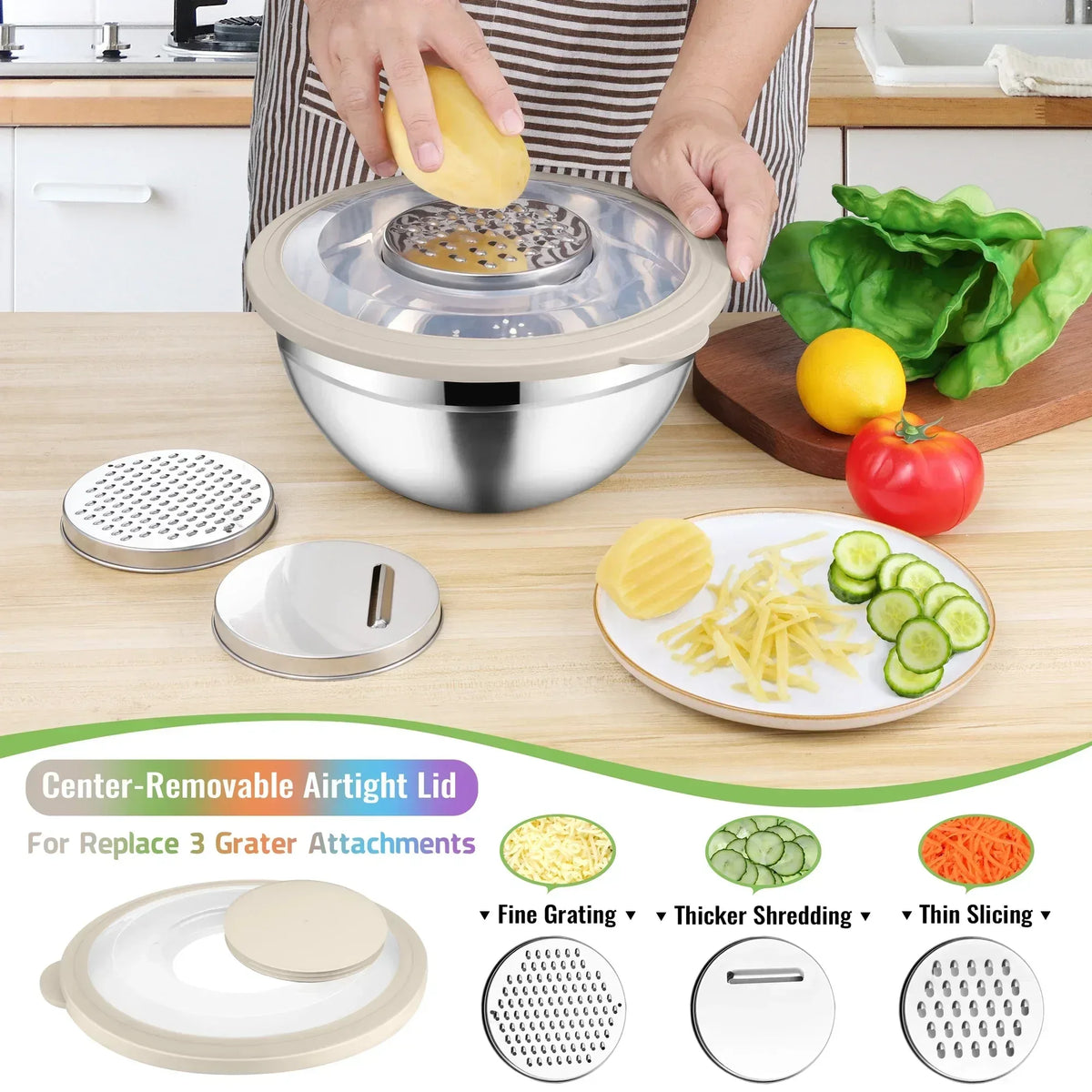 Vesteel Mixing Bowls with Lids Set of 8, Stainless Steel Prep Bowls with Upgraded Airtight Visible Lid, Metal Nesting Bowl Attach with 3 Graters for Kitchen Grating/ Shredding / Mixing
