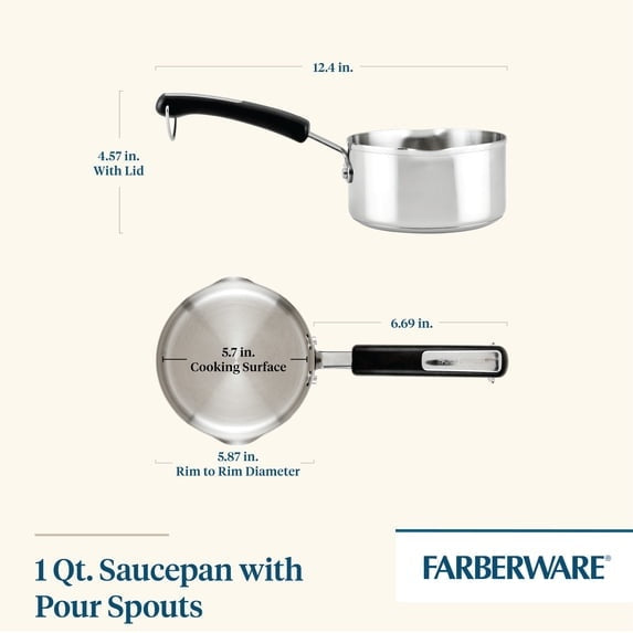 Farberware Brilliance 1 Quart Saucepan with Pour Spout, Induction Compatible, Metal Utensil and Dishwasher Safe, Stainless Steel