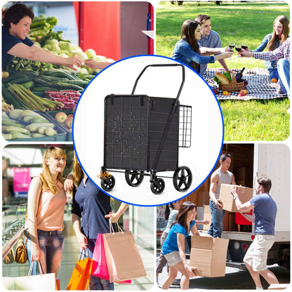 Camkey Folding Shopping Cart, Utility Trolley Grocery Cart with Removable Basket and Swivel Wheel, Black