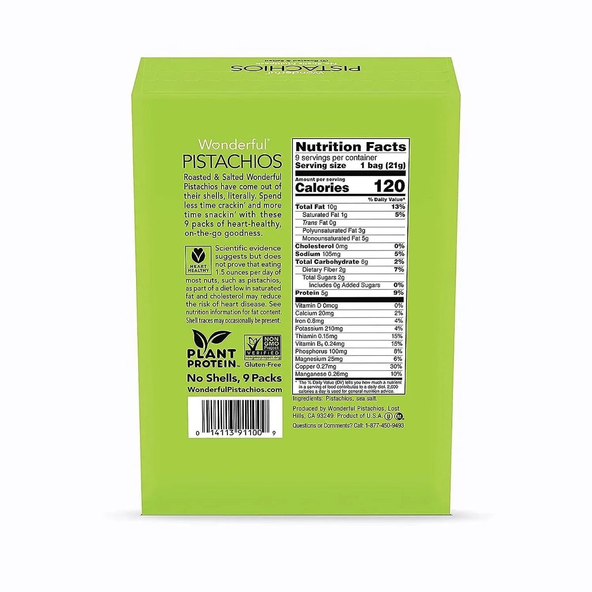 Wonderful Pistachios Roasted & Salted No Shells 0.75 oz. 9 Bags/Box 4 Boxes/Carton (PAR91100)