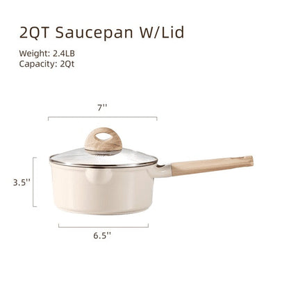Carote Ceramic 2QT Non Stick Sauce Pan with Lid, 7" Non-Toxic Cooking Pot Bon Appetit, Taupe, Compatible with All Cooktops