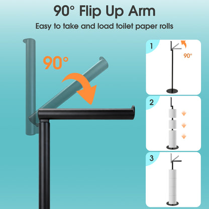 Toilet Paper Holder Stand, Free Standing Toilet Paper Roll Holder for 5 Spare Rolls, Modern Bathroom Toilet Paper Stand, Black