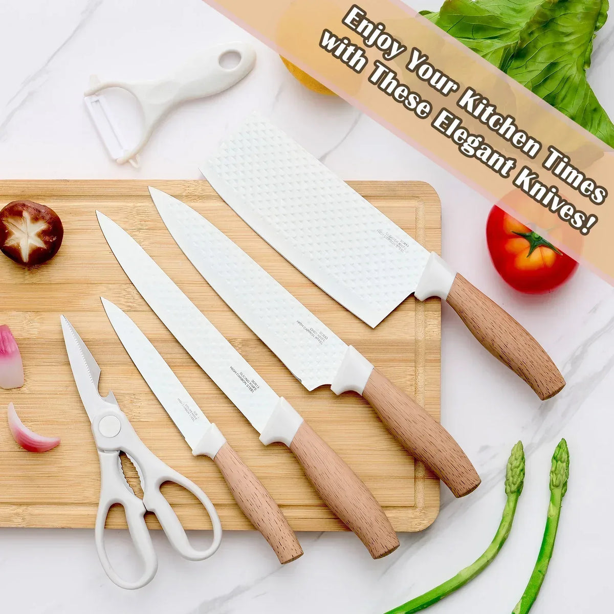 Vesteel Kitchen Knife Set of 7, Professional Stainless Steel Knives Set for Kitchen with Universal Knife Block - Khaki