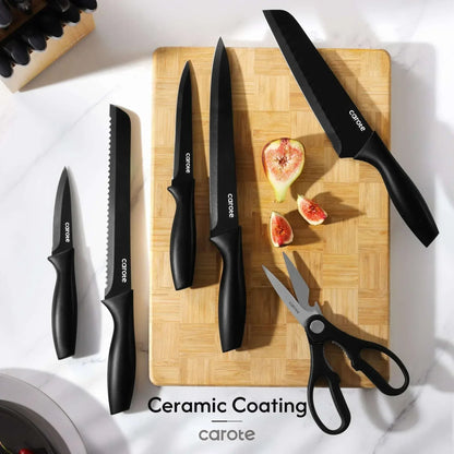 Carote 15-Piece Premium Kitchen Knife Set, Black Ceramic-Coated Blades with Stylish Wooden Block