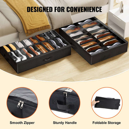 KFFKFF Shoe Storage Units for Under Bed, Pack of 2, Accommodates 32 Pairs, Underbed Footwear Storage System with Transparent Window, Airy, Collapsible Fabric Shoe Holder Box with Sturdy Handles