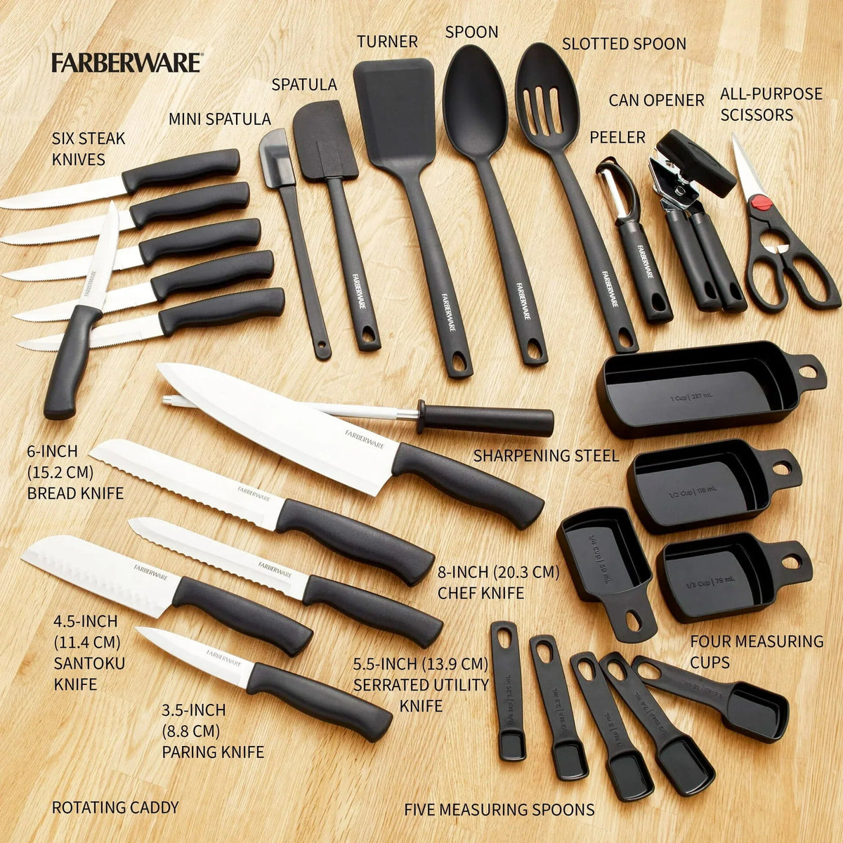 Farberware Classic 30-Piece Spin-N-Store Rotating Carousel Stainless Steel Knife Set & Tool Set Gray