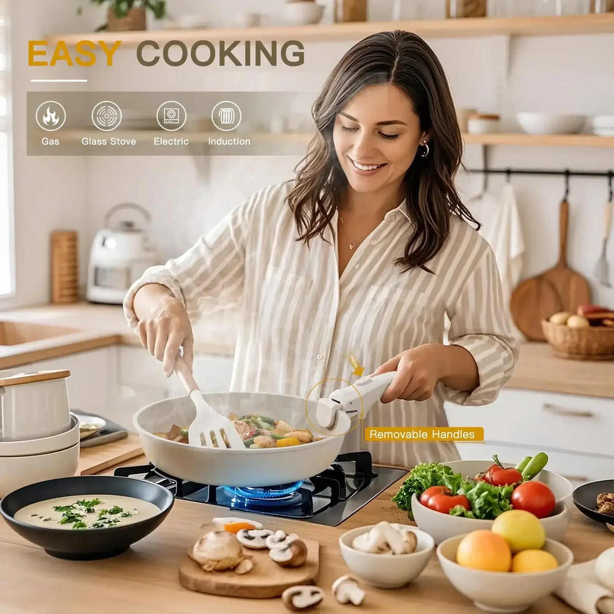 Astercook 22 Piece Pots and Pans Set Non Stick, Cookware Set with Detachable Handles, Oven Safe, Induction Ready, Stackable RV Kitchen Cooking Set, Cream White