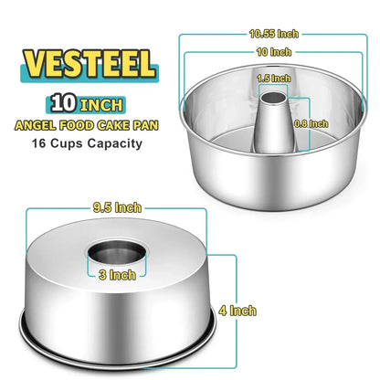 Vesteel 10 inch Angel Food Cake Pan, Stainless Steel Pound Cake Mold with Tube 16 Cups Tube Pan, Non-toxic & One-Piece Design