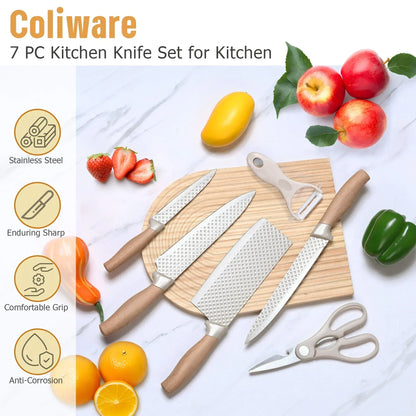 Joyfair Kitchen Knife Set, 7 Pcs Stainless Steel White Knives Block Set for Chef, Super Sharp Professional Knife Set with Universal Knife Block for Home Restaurant, Non-Stick & Anti-Rust