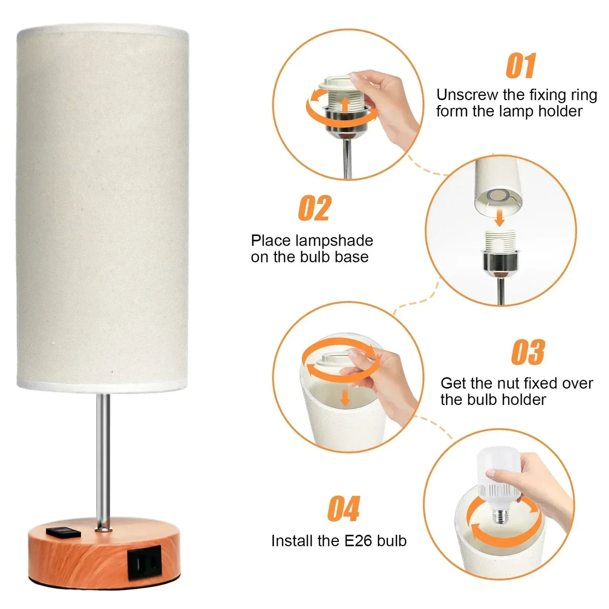 Table Lamps for Bedroom, 3 Way Dimmable Touch Control Bedside Lamp with USB C+A Fast Charging Ports, Nightstand Lamp for Office, Living Room, Reading(E26 Light Bulb Included)