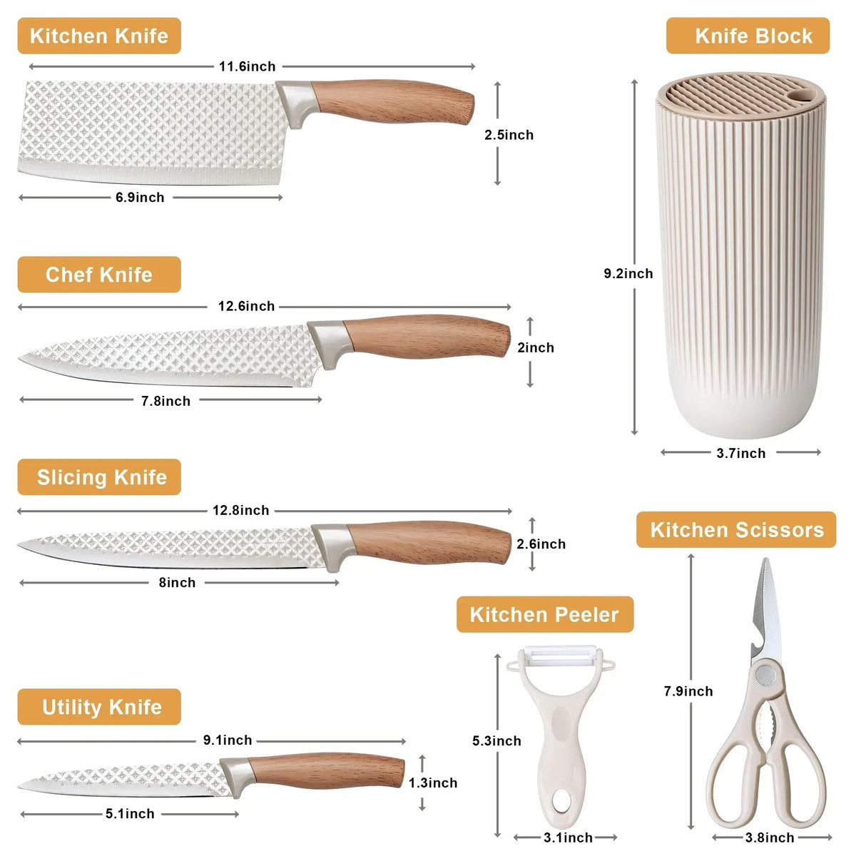 Joyfair Kitchen Knife Set, 7 Pcs Stainless Steel White Knives Block Set for Chef, Super Sharp Professional Knife Set with Universal Knife Block for Home Restaurant, Non-Stick & Anti-Rust