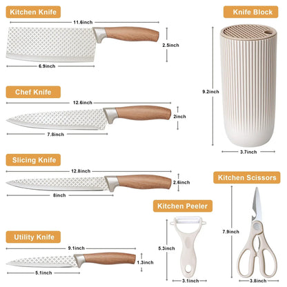 Joyfair Kitchen Knife Set, 7 Pcs Stainless Steel White Knives Block Set for Chef, Super Sharp Professional Knife Set with Universal Knife Block for Home Restaurant, Non-Stick & Anti-Rust