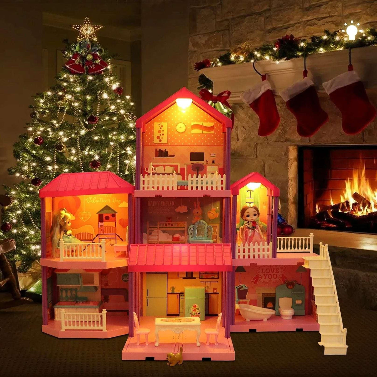 Huge Wave Dollhouse Playset Girl Toys, 36 inch 11 Large Rooms with Doll Toy Figures, with Warm Light, Princess Doll House Birthday Gift for Girls Ages 3-8