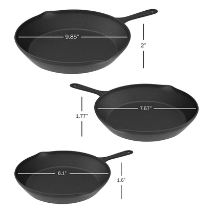 Home-Complete Set of 3 Cast Iron Skillet Set, Pre-Seasoned Oven-Safe Non-stick Frying Pans - 10”, 8”, 6” (Black)