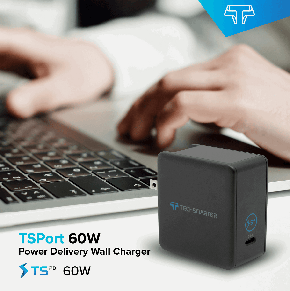 Techsmarter 60W USB-C PD Fast Charging Wall Charger for iPhone 14, 13, 12, 11, XS, X, XR, iPad Air/Pro, MacBook Air/PRo, Samsung S22, S21, S20, S10, S9, Motorola, HTC, LG, Chromebook, Dell, Lenovo