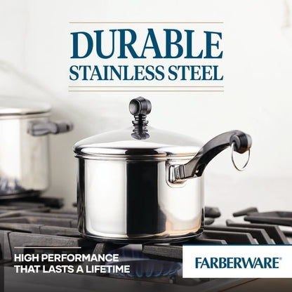 Farberware Classic Series 2 Quart Stainless Steel Sauce Pan with Lid, Induction Compatible, Metal Utensil and Dishwasher Safe, Stainless Steel