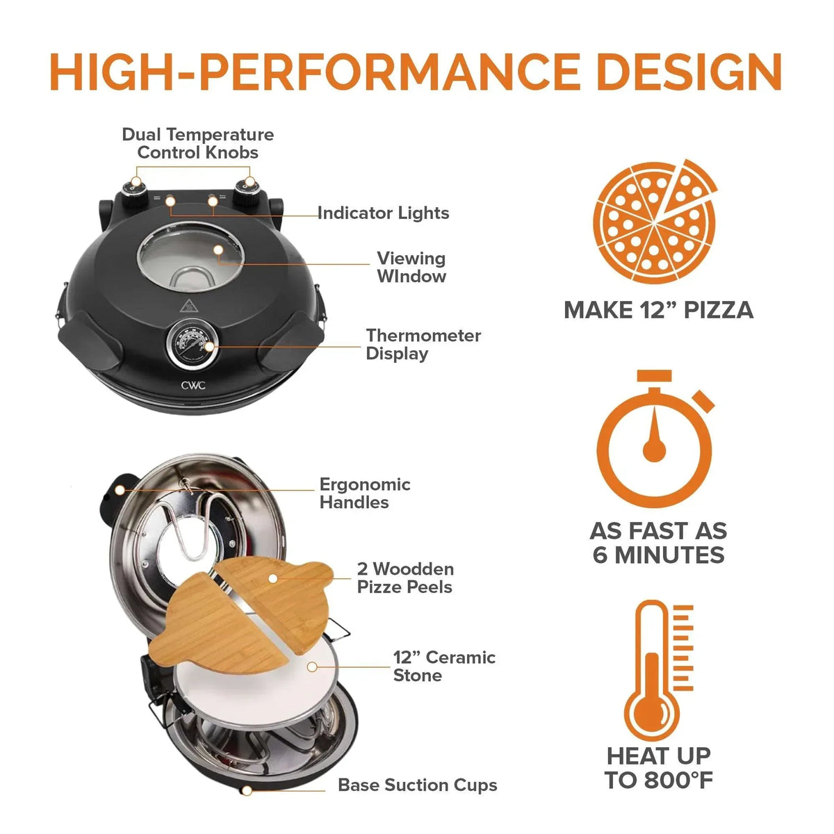 COOK WITH COLOR Pizza Oven, Electric Indoor Pizza Maker, Countertop Pizza Cooker, Black