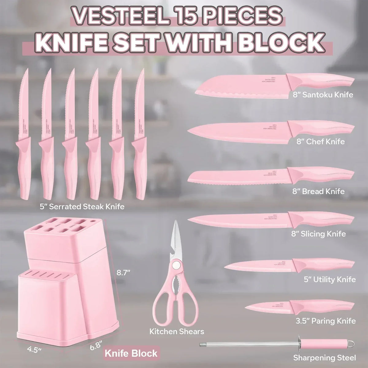 Vesteel Knife Set for Kitchen with Block, 15 Pcs High Carbon Stainless Steel Kitchen Knife Set with Self Sharpening