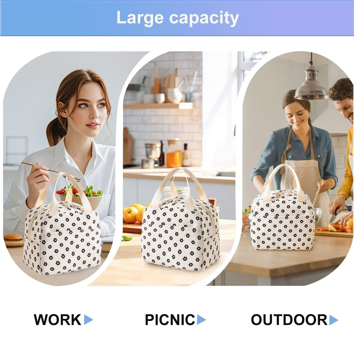 Cute Corduroy Lunch Bag for Women Men, Insulated Lunch Box Tote Bag Reusable Leakproof Bento Cooler Bag for Work Picnic Travel (Black Floral Beige)