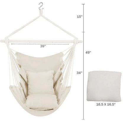 Large Hammock Chair Swing, Relax Hanging Rope Swing Chair with Detachable Metal Support Bar & Two Seat Cushions, Cotton Hammock Chair Swing Seat for Yard Bedroom Patio Porch Indoor Outdoor