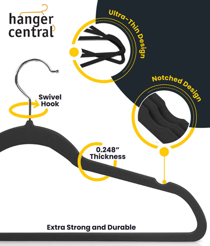 Hanger Central 25 pack 17 Inch Black Velvet Clothes Hangers with Swivel Hook