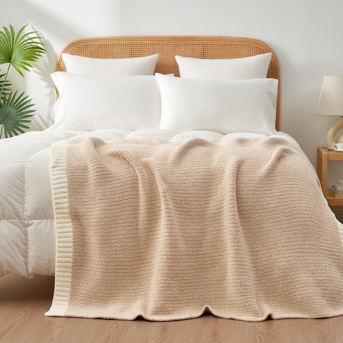 Snuggle Sac Heather Beige Throw Blanket for Couch, Ultra Soft Microfiber Knitted Blanket Cozy Warm Blankets, Beige, 50x70 inches