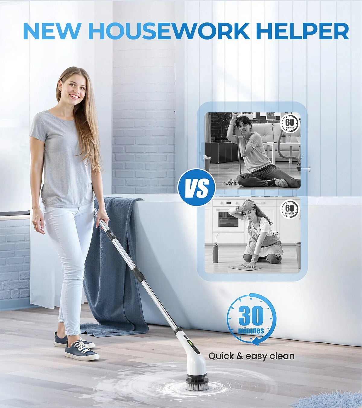 BIMZUC Electric Spin Scrubber, Cordless Cleaning Brush, 7 Replaceable Heads, Extendable Handle, White