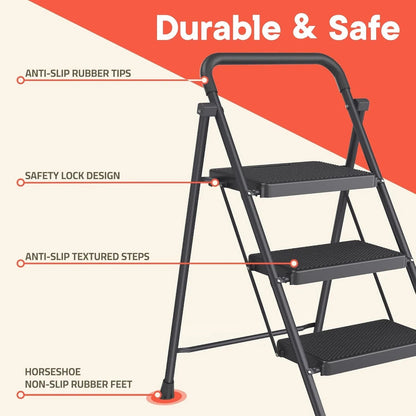 Black 3 Step Stool Foldable – Heavy-Duty Foldable Step Stool, 500 lbs Capacity, Anti-Slip Feet & Wide Steps, Sturdy Steel Frame, Lightweight & Space-Saving Design for Home, Kitchen & Garage
