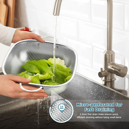 VeSteel Colander Set of 3, Stainless Steel Micro-Perforated Colanders Strainers for Draining Rinsing Washing, Ideal for Pasta Vegetables Fruits, Heavy Duty & Dishwasher Safe