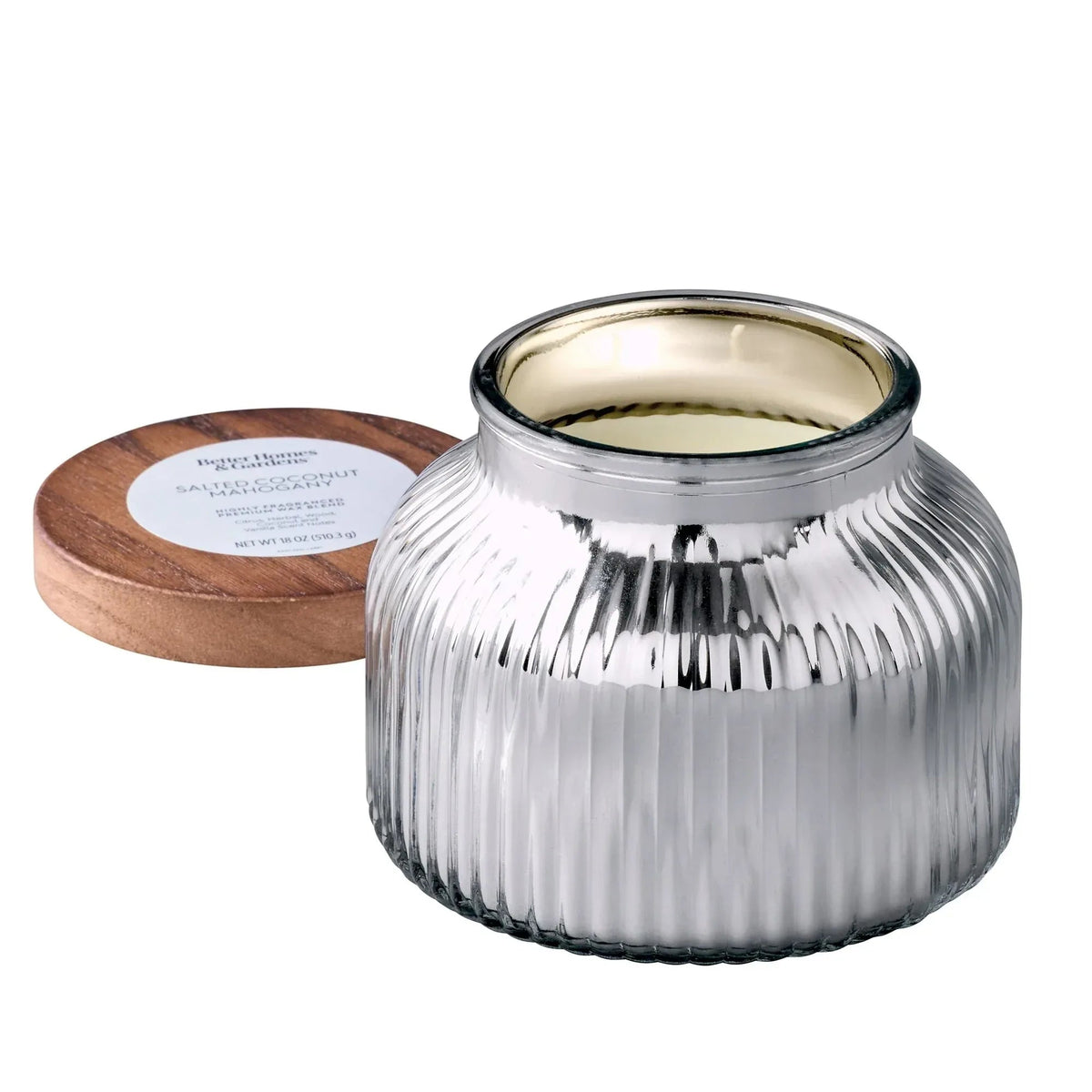 Better Homes & Gardens Scented Cotton 2-Wicks Ribbed Mecury Glass Jar Candle with Wooden Lid 18oz