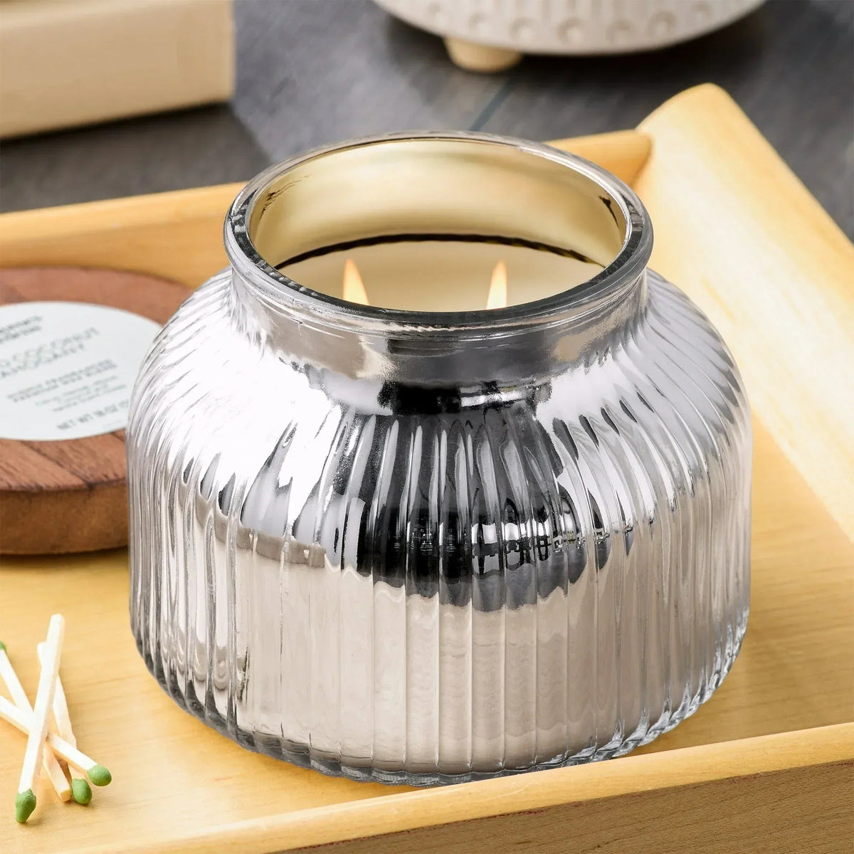 Better Homes & Gardens Scented Cotton 2-Wicks Ribbed Mecury Glass Jar Candle with Wooden Lid 18oz