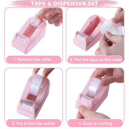 cyrico Pink Office Supplies Set, Stapler and Tape Dispenser Set Desk Accessories Kit with Stapler, Tape Dispenser, Remover, Staples, Clips, Scissor, Ruler, Pen and Tabs for Women, Clerks