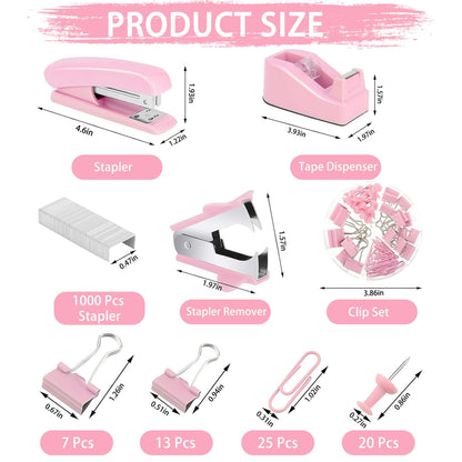 cyrico Pink Office Supplies Set, Stapler and Tape Dispenser Set Desk Accessories Kit with Stapler, Tape Dispenser, Remover, Staples, Clips, Scissor, Ruler, Pen and Tabs for Women, Clerks
