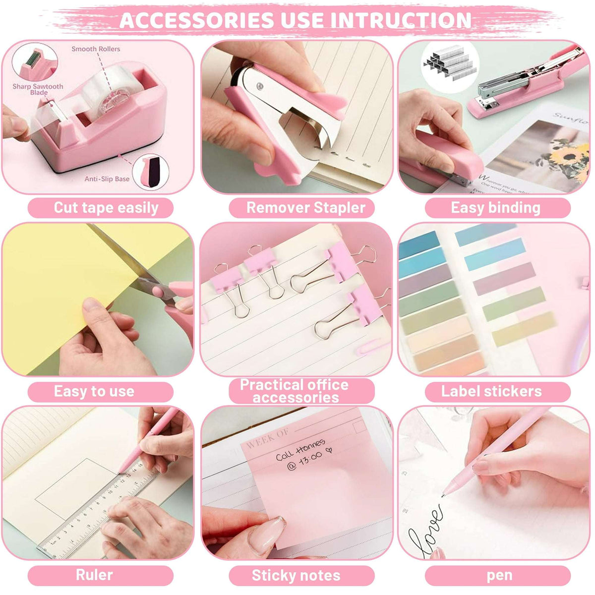 cyrico Pink Office Supplies Set, Stapler and Tape Dispenser Set Desk Accessories Kit with Stapler, Tape Dispenser, Remover, Staples, Clips, Scissor, Ruler, Pen and Tabs for Women, Clerks