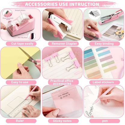 cyrico Pink Office Supplies Set, Stapler and Tape Dispenser Set Desk Accessories Kit with Stapler, Tape Dispenser, Remover, Staples, Clips, Scissor, Ruler, Pen and Tabs for Women, Clerks