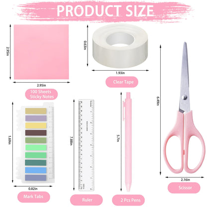 cyrico Pink Office Supplies Set, Stapler and Tape Dispenser Set Desk Accessories Kit with Stapler, Tape Dispenser, Remover, Staples, Clips, Scissor, Ruler, Pen and Tabs for Women, Clerks